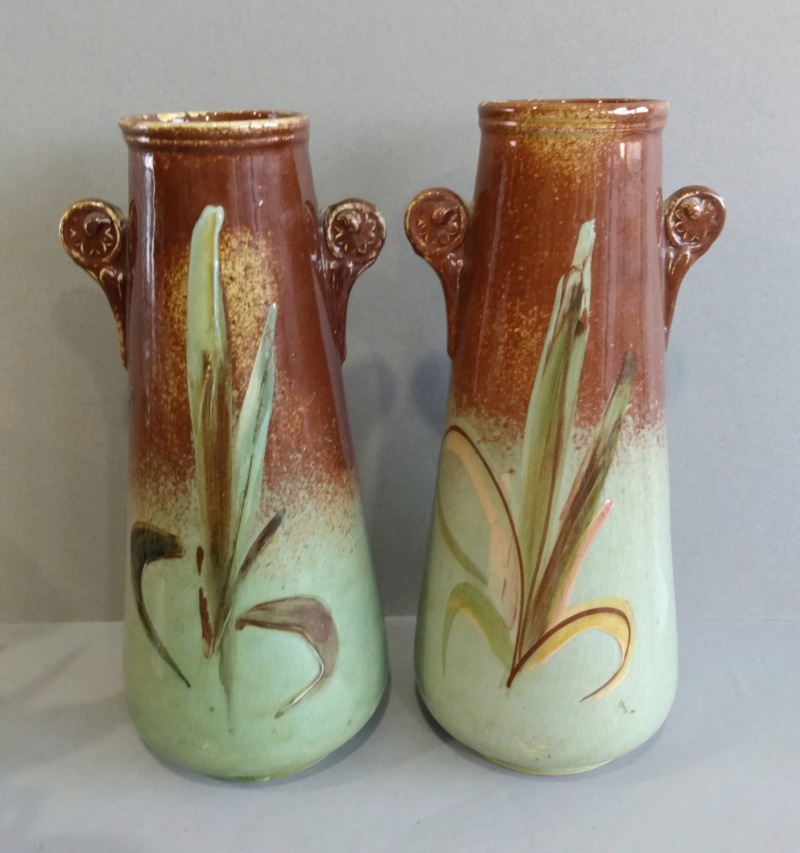 Two tall floral vases, Barbotine decoration, Benthall Pottery? Img_2242