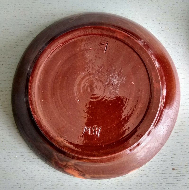 Shallow terracotta slipware bowl, MS mark - possibly Swedish Img_2348