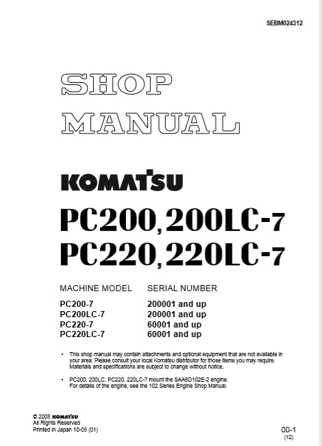 KOMATSU PC 200 / 220 -7 and PC 220 / 220 LC - 7 Workshop Manual going cheap price Total Pages 810 Pc200-13