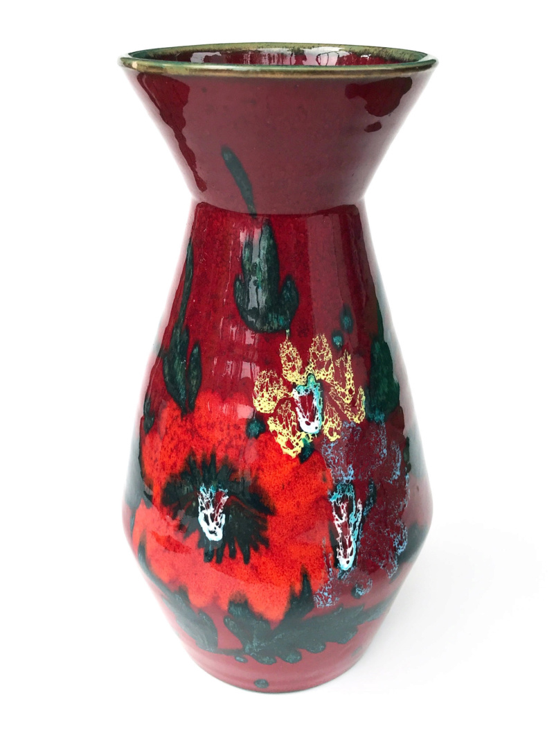 Please Help ID: Looks Italian or W. German Tall Chrome Atomic Red Vase  B12