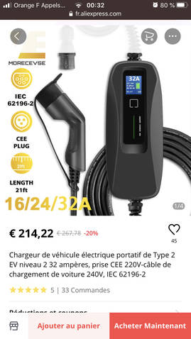 Chargeur nomade 32A Type2 réglable 10-16-20-24-32A 6mtrs - Wattsattitude