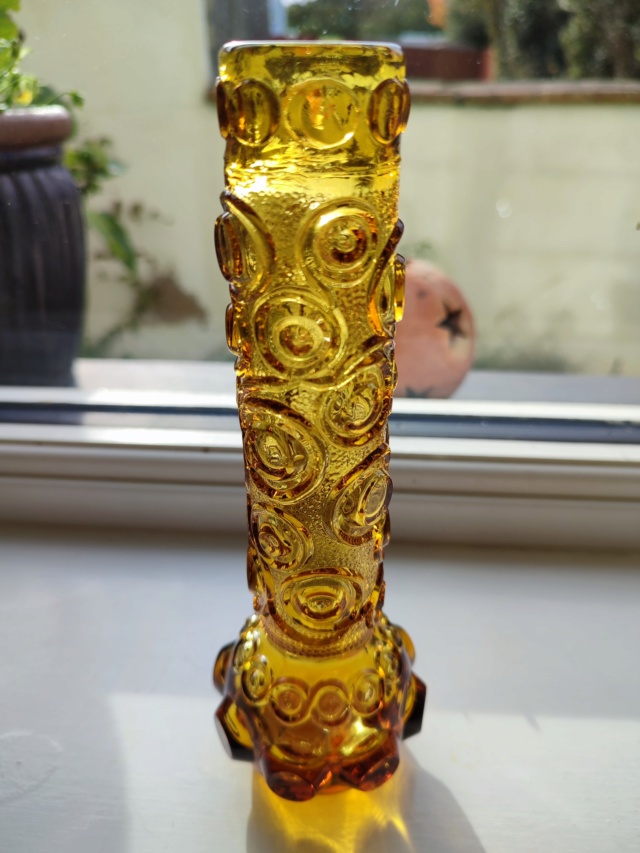 Amber glass vase with swirls and raised cones, Laura Glassworks, Poland? 16688710