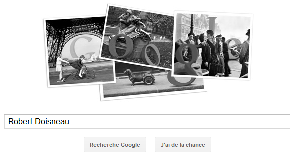 Google rend hommage à Robert Doisneau, un grand photographe en proposant un Doodle le 14 avril 2012 pour le 100ème anniversaire de sa naissance