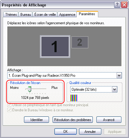 Fenêtre pour voir ou modifier la résolution d'écran de votre ordinateur sous Windows XP