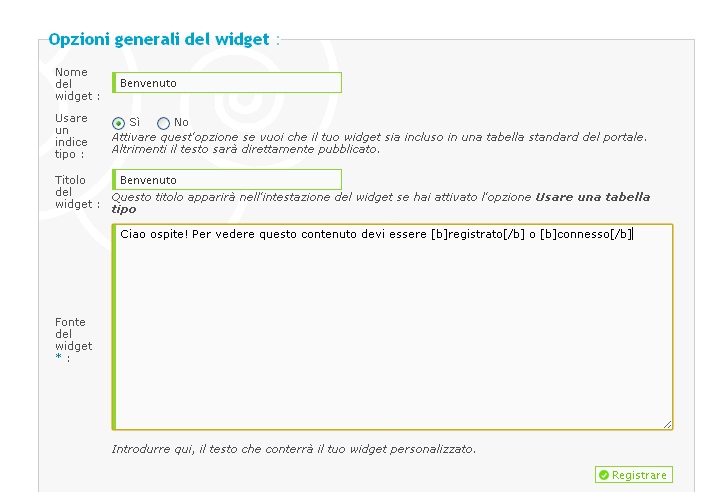 widget - personalizzazione widget Aiuto110