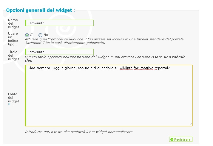 personalizzazione widget Aiuto210