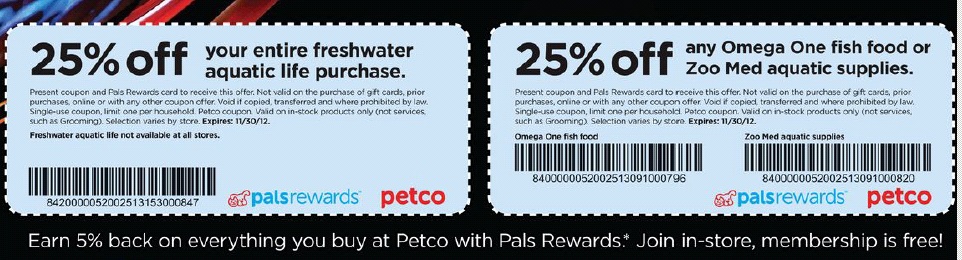 petco coupon 25% off freshwater aquatic life & omega one fish food or zoo med aquatic supplies expires 11/30/2012 Petco10