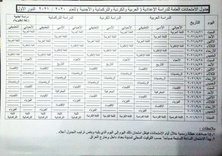 جدول الامتحانات الوزارية 2023 السادس الاعدادي الدور الاول 21701510
