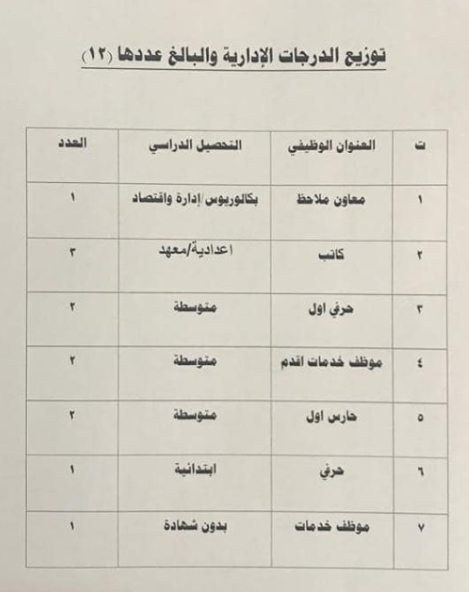 توزيع الدرجات الوظيفية لقسم الدراسة التركمانية 2019 2220