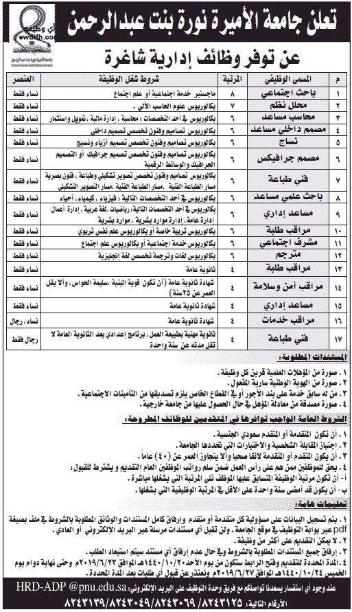 جامعة الأميرة نورة بنت عبدالرحمن: وظائف إدارية نسائية ورجالية شاغرة  Iia-co10