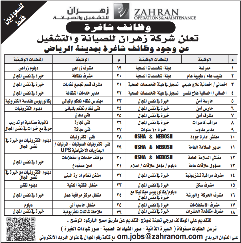 حراسة_أمن - 36 وظيفة جديدة لاصحاب جميع المؤهلات في شركة زهران للصيانة والتشغيل بالرياض Zahran15
