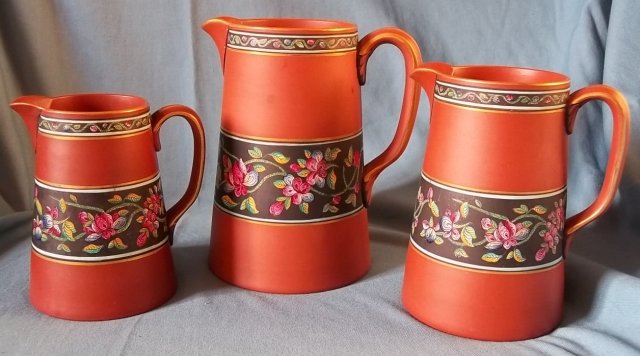 Prattware, Torquay, Watcombe, Dudson? 2 Terracotta Bottle vases / decanters 100_4977