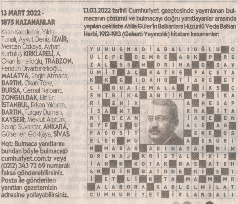 27 MART 2022 CUMHURİYET PAZAR BULMACASI SAYI : 1877 Cumhu108