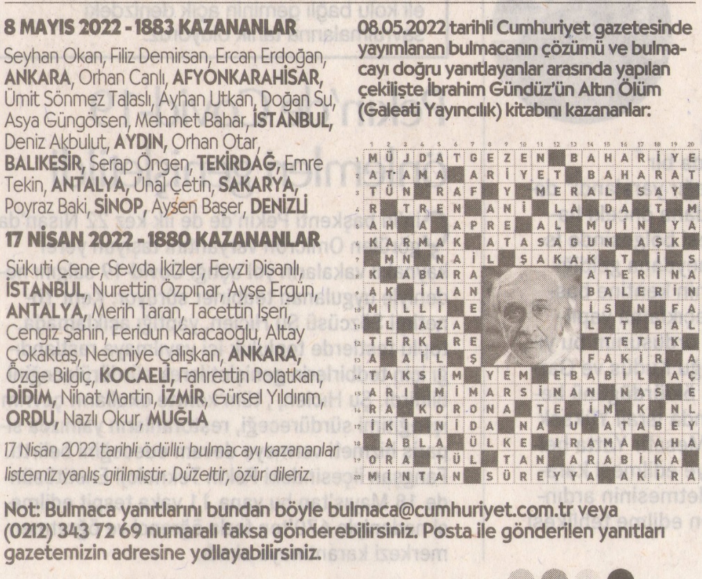 22 MAYIS 2022 CUMHURİYET PAZAR BULMACASI SAYI : 1885 Cumhu144