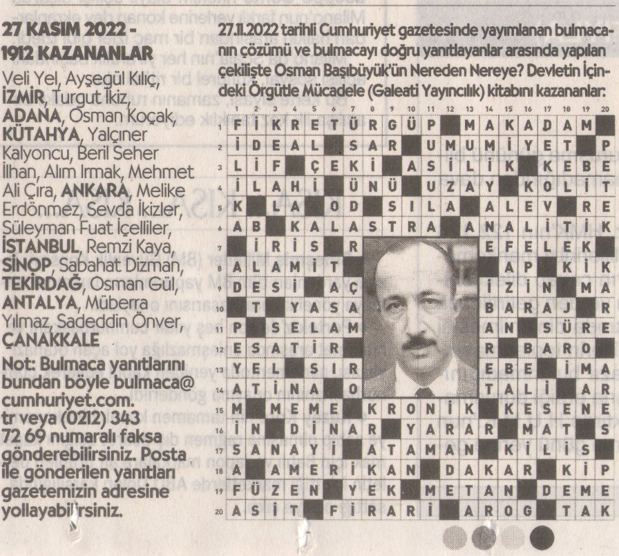 11 ARALIK 2022 CUMHURİYET PAZAR BULMACASI SAYI : 1914 - Sayfa 3 Cumhu260