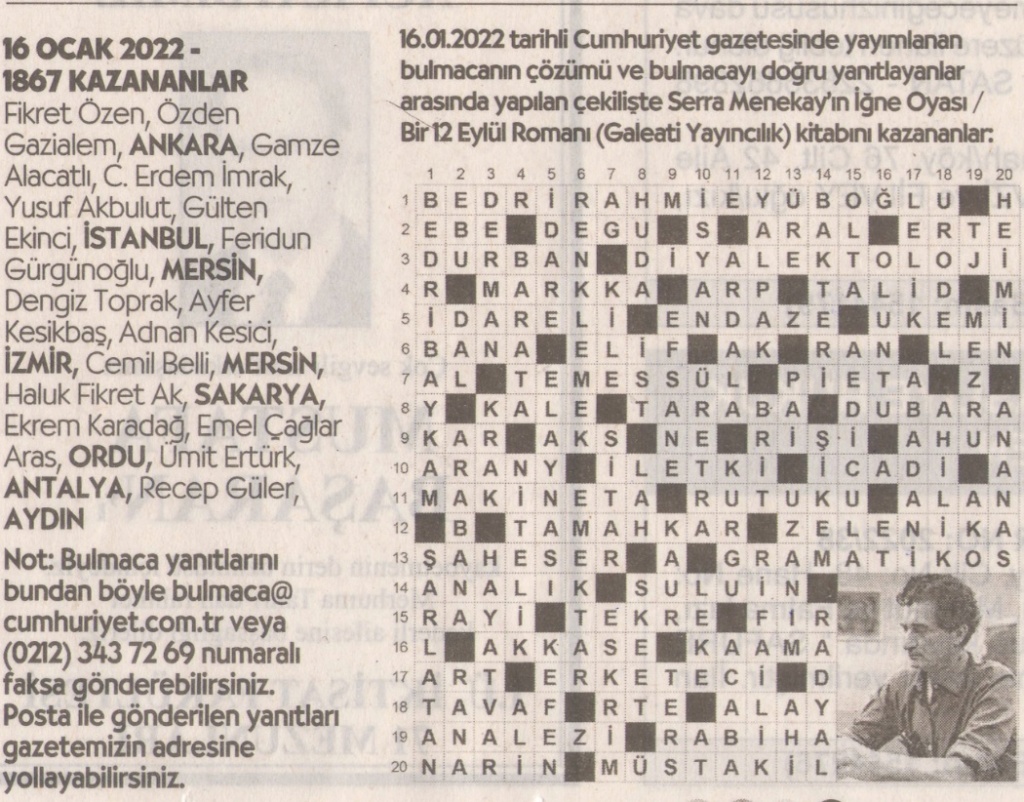 30 OCAK 2022 CUMHURİYET PAZAR BULMACASI SAYI : 1869 Cumhur78