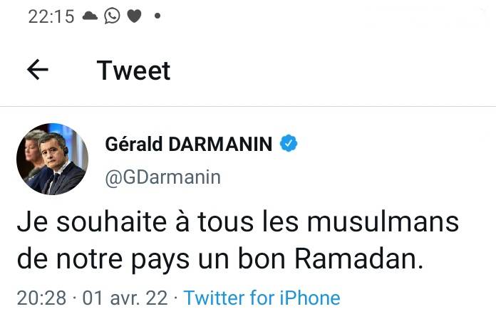 Darmanin qui souhaite un bon ramadan aux musulmans. Fpsoxv10