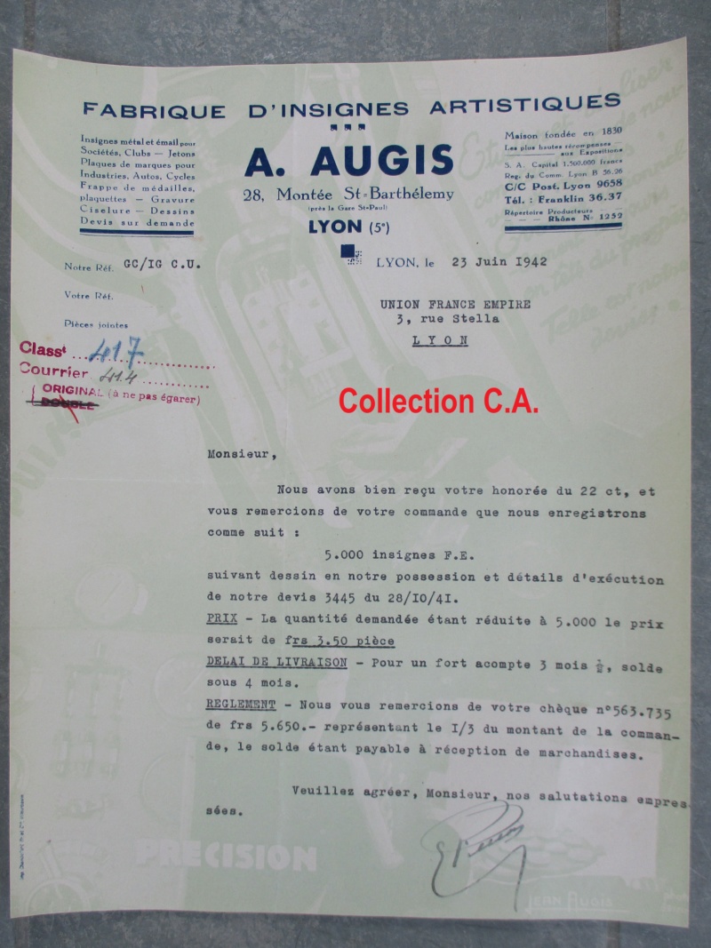 Dossier Augis Fabrication Insigne Union France Empire Lyon sous Vichy Img_6547