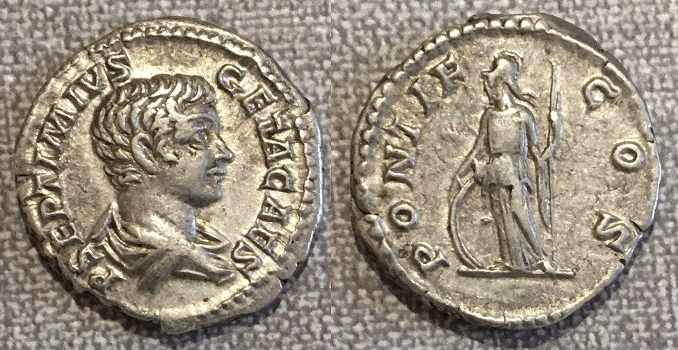 Denario de Geta. PONTIF COS. Minerva estante con escudo y lanza a izq. Roma. Geta10