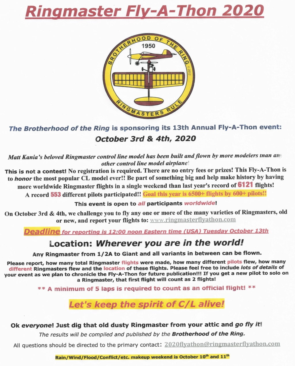 The 2020 "World Wide Ringmaster Fly-a-Thon" October 3rd & 4th. 2020_r12