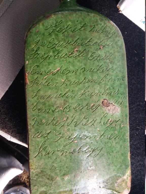 Pottery flask/bottle with inscription and green glaze, Hungarian  20210112