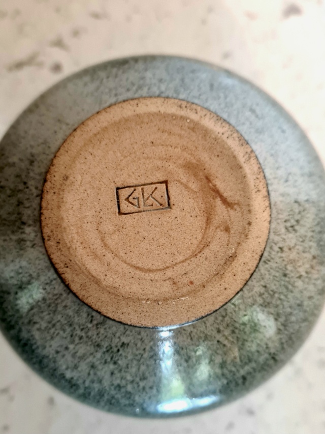 Round vase with leafs in the glaze, GLK mark  20230413