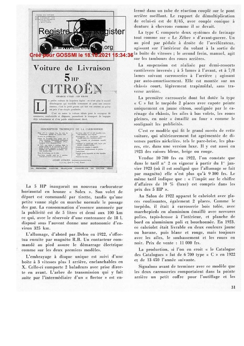 La 5HP Citroen 1921-1926 par CHH Tavard - ... legendes,bobards et " canards"...( 1968) Tav310