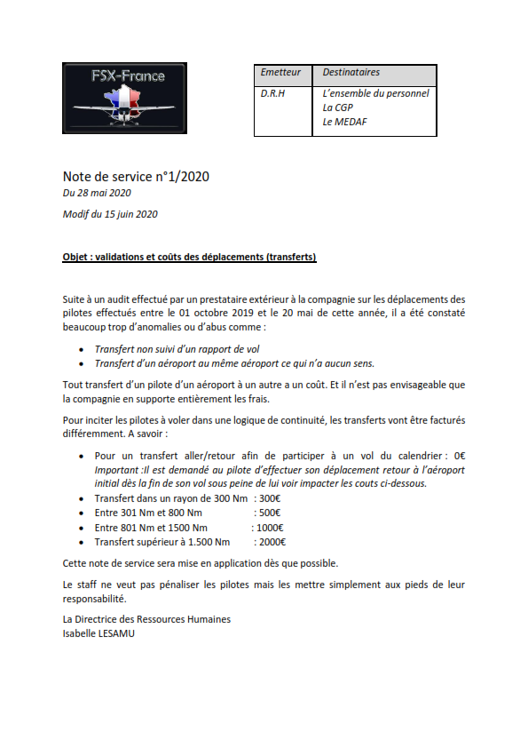 Note de service sur les coûts des déplacements