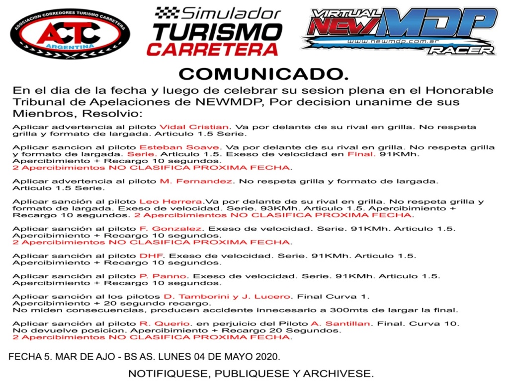 RESULADO QUINTA FECHA TC19 PLUS Sancio14