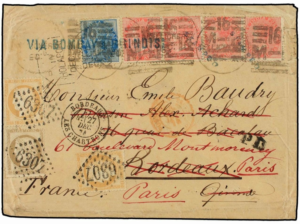 Lettre d'Inde de 1874 avec complément d'affranchissement en timbres français 1_larg10