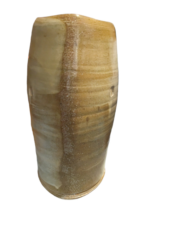 ID: Triangular 9" Tall Sand Colored Glossy Glazed Vase from USA, JJ mark Photor10