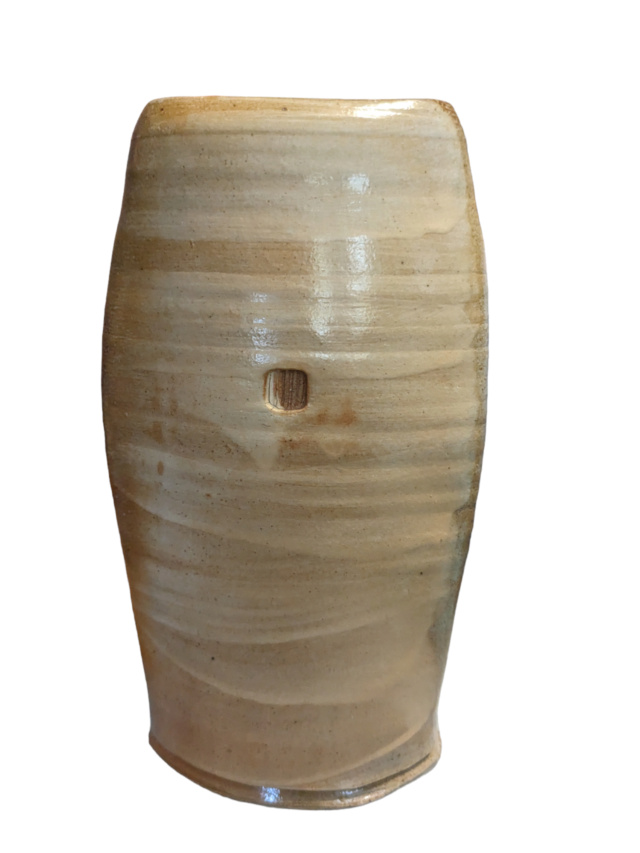 ID: Triangular 9" Tall Sand Colored Glossy Glazed Vase from USA, JJ mark Photor11
