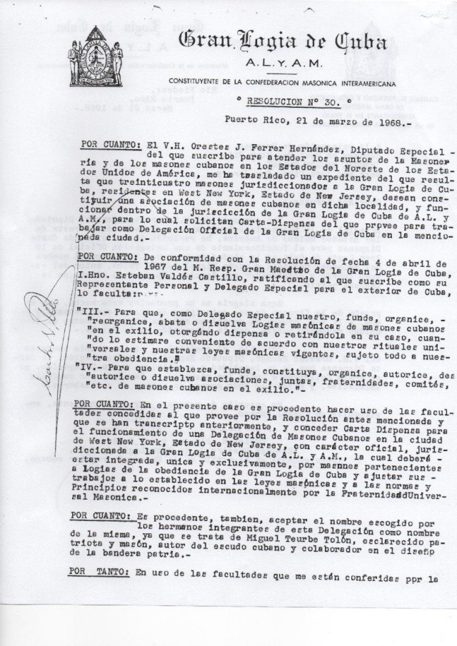 •CARTA DISPENSA Y DECRETO #30 DE EX-GRAN MAESTRO DE GRAN LOGIA DE CUBA DE AL Y AM I.H. CARLOS M PIÑEIRO Y DEL CUETO 03-21-1968 Carta210