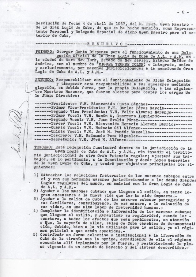 •CARTA DISPENSA Y DECRETO #30 DE EX-GRAN MAESTRO DE GRAN LOGIA DE CUBA DE AL Y AM I.H. CARLOS M PIÑEIRO Y DEL CUETO 03-21-1968  Carta310