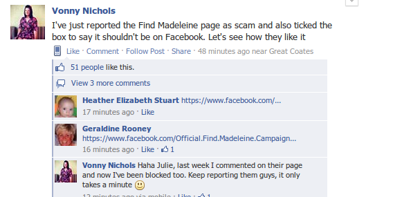 NOW THE SCUM ARE ATTACKING THE FIND MADELEINE FACEBOOK PAGE AS A SCAM Niatta10