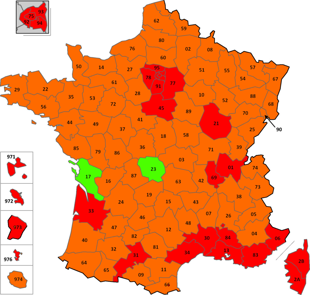 France: carte des départements suivant leur couleur (SPF Affaires Etrangères belge) France13