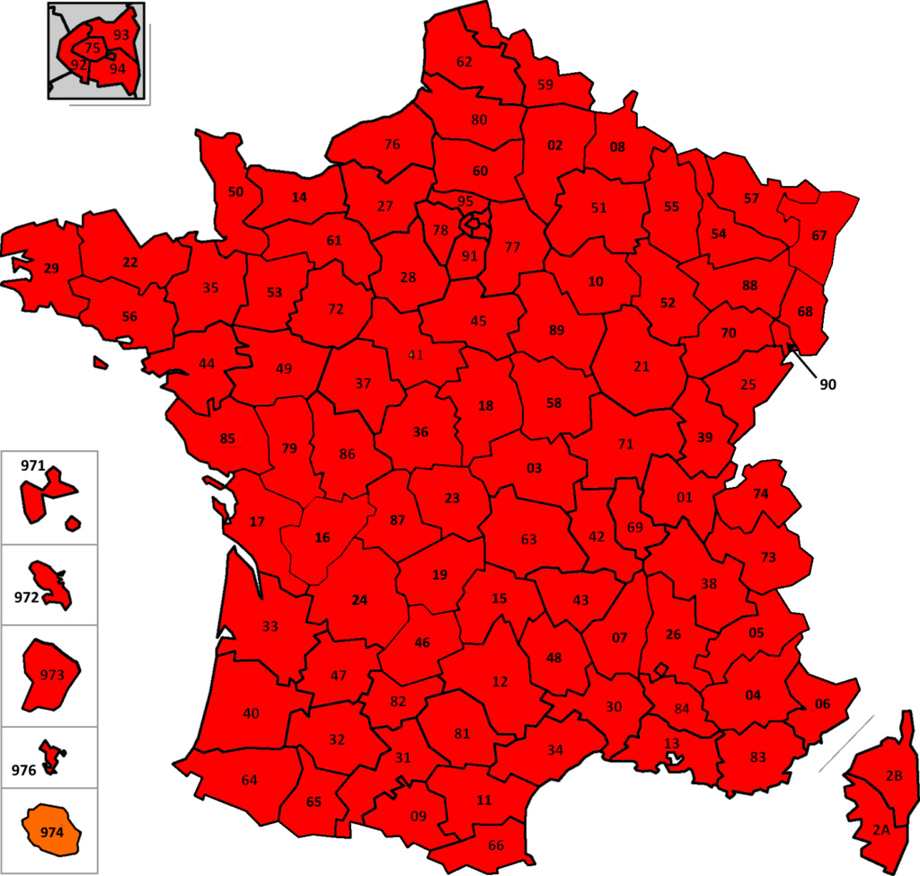 France: carte des départements suivant leur couleur (SPF Affaires Etrangères belge) France37