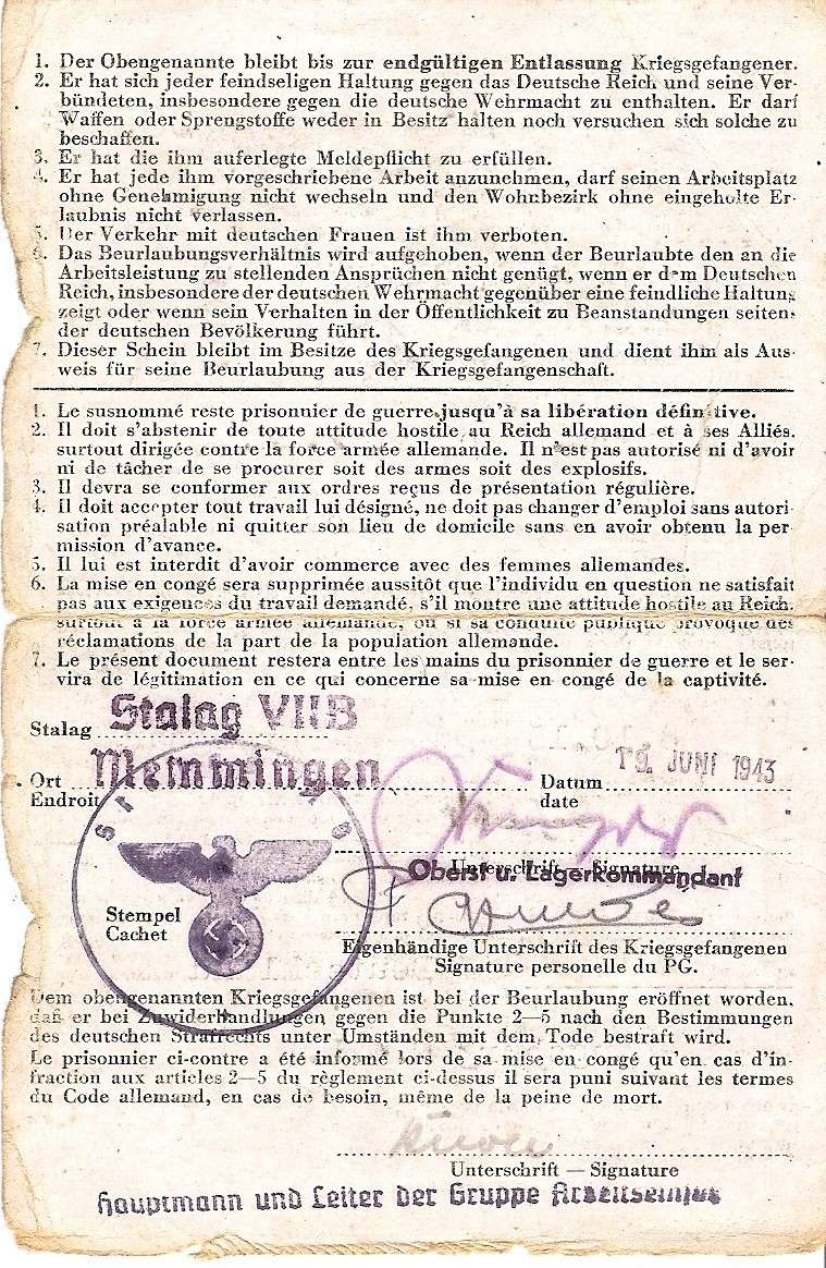 Photo juin 1943 Augsburg stalag VII Certif10