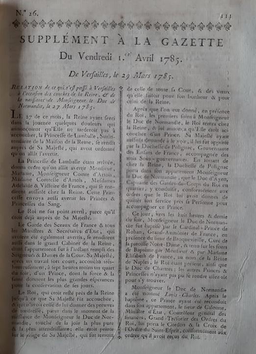 1er avril 1785: GAZETTE DE FRANCE Numéro 26 Andrea13