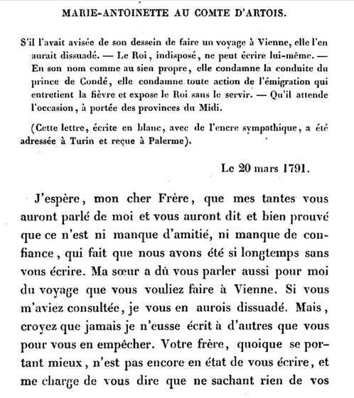 20 mars 1791: Correspondance de Marie-Antoinette au comte d'Artois Captu415