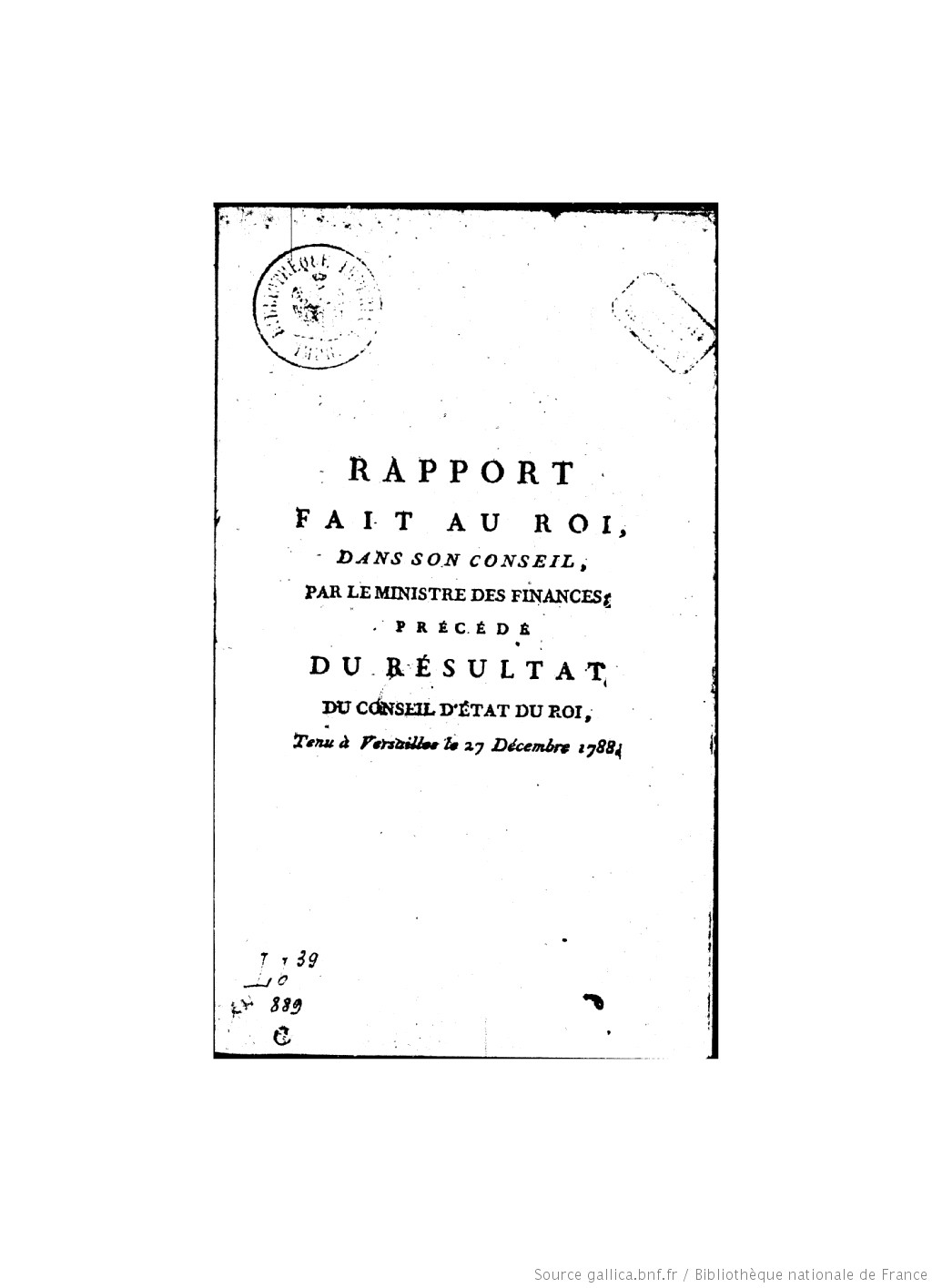 27 décembre 1788: Rapport fait au roi par Jacques Necker Rappor10