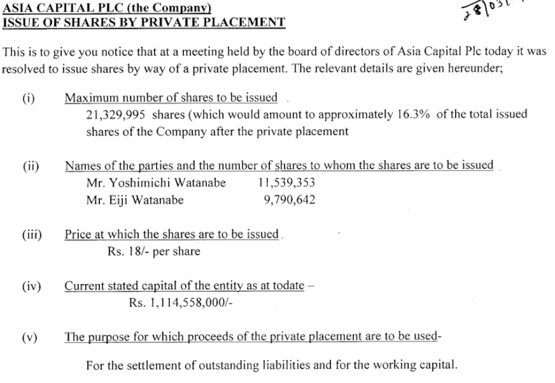 Asia Capital - Issue of Share by Private placement Asia10