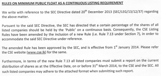 Rules on Minimum Public Float as a Continuous Listing Requirements Cse17