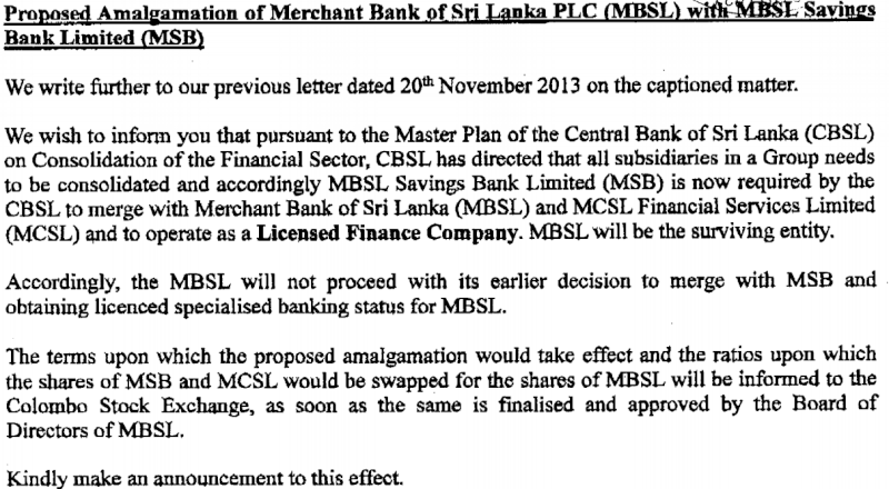 Proposed amalgamation of MBSL with MBSL Savings Mbsl10