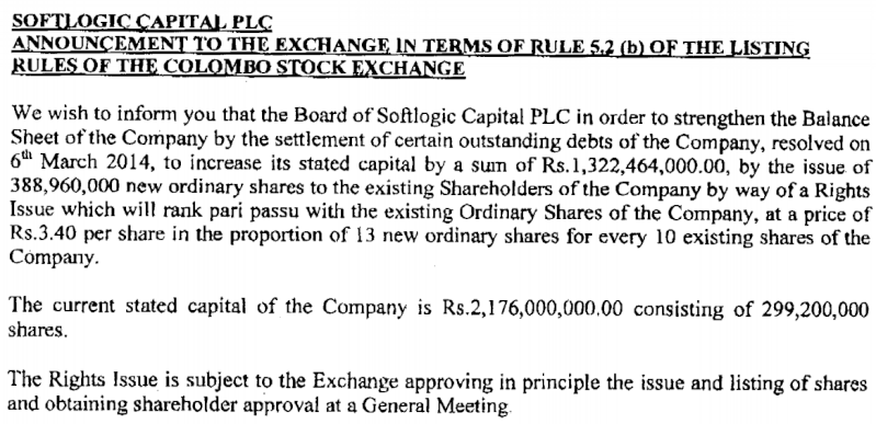 06-Mar-2014 Rights Issue - Softlogic Capital Soft10