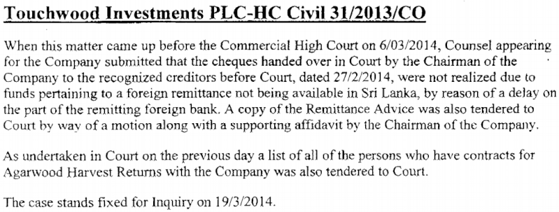 07-Mar-2014 Corporate Disclosure - Touchwood Towd10