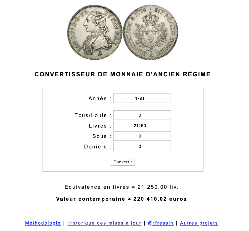 monnaies - Prix, salaires et coût de la vie au XVIIIe siècle : convertisseur de monnaies d'Ancien Régime Capt1048