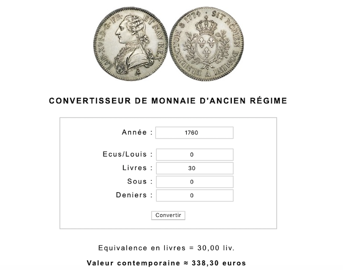 monnaies - Prix, salaires et coût de la vie au XVIIIe siècle : convertisseur de monnaies d'Ancien Régime Capt1052