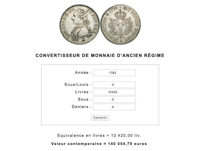 convertisseur - Prix, salaires et coût de la vie au XVIIIe siècle : convertisseur de monnaies d'Ancien Régime Capt1055