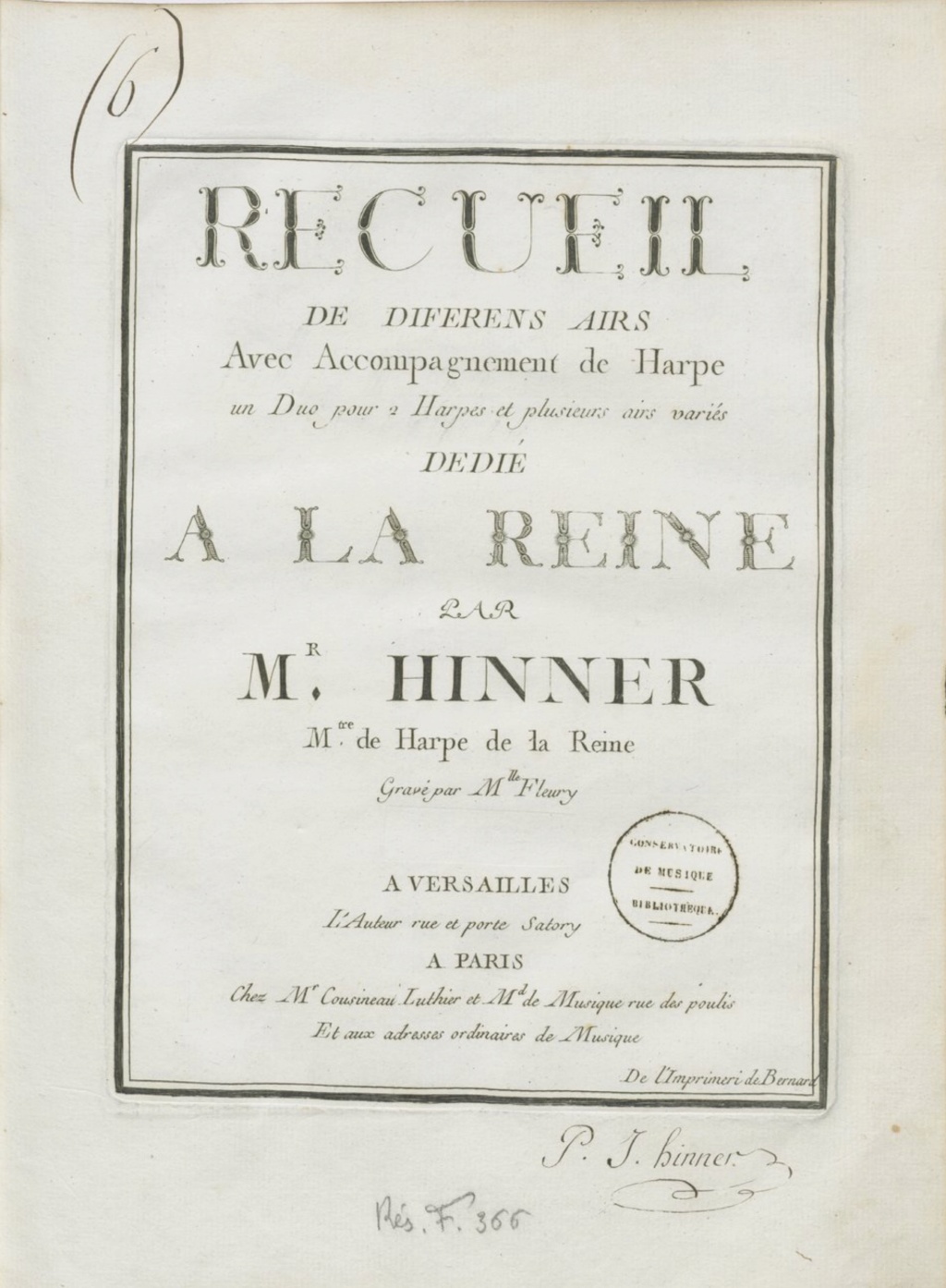 Philipp Joseph (Philippe-Joseph) Hinner, compositeur musicien et maître de harpe de Marie-Antoinette Recuei28